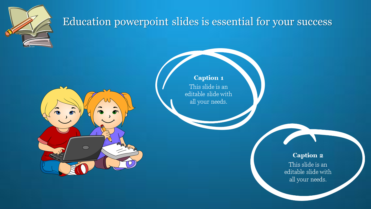 Cartoon illustration of two children learning with a laptop and notebook on a blue education themed slide.