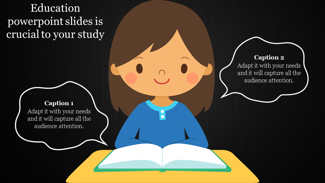 Cartoon girl smiling while reading a book, featured on an education themed PowerPoint slide with captions.