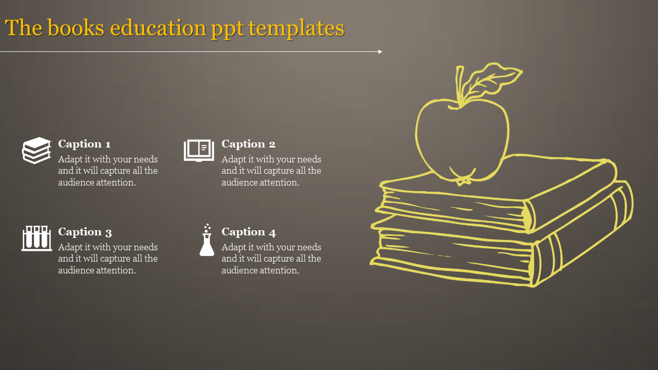 Education PowerPoint slide with a yellow outline of books and an apple, accompanied by four icons and captions.