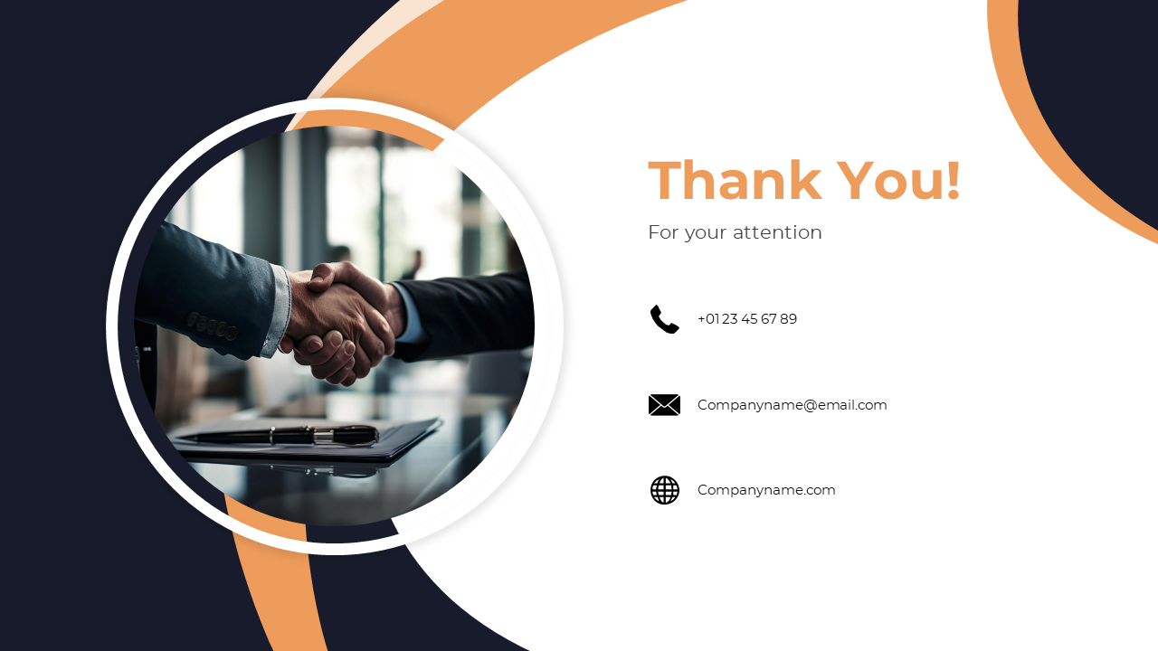 Professional thank you slide featuring a handshake photo, contact details, and orange and navy accents.