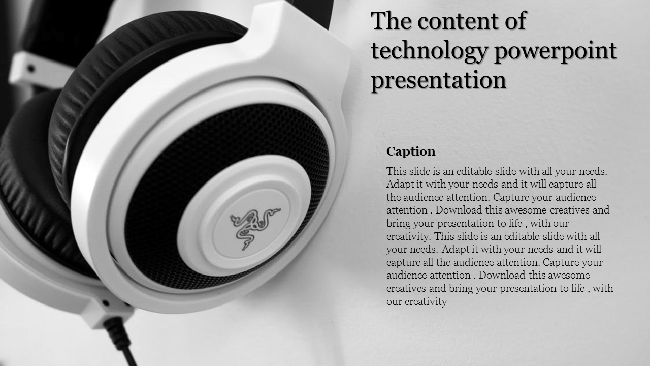 Technology slide with a monochrome image of headphones on the left and text on a gray background on the right.