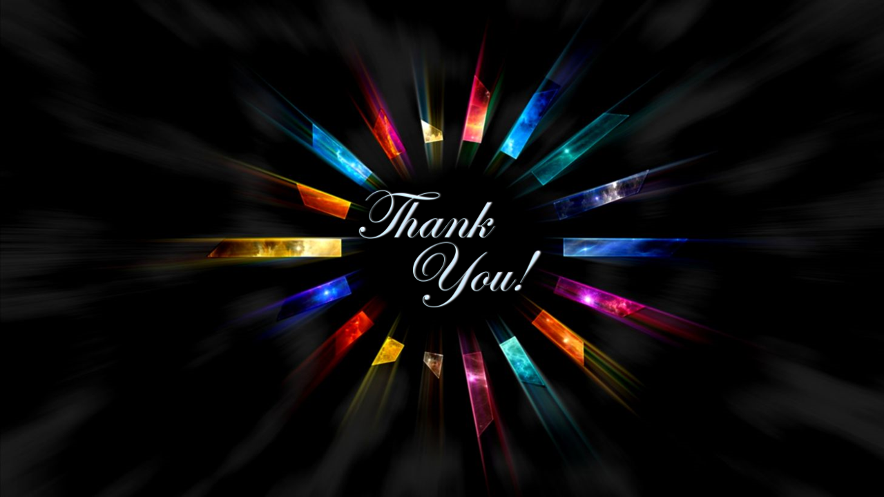 Thank you slide with colorful radiant beams on a black background, adding a vibrant and dynamic finish to the presentation.