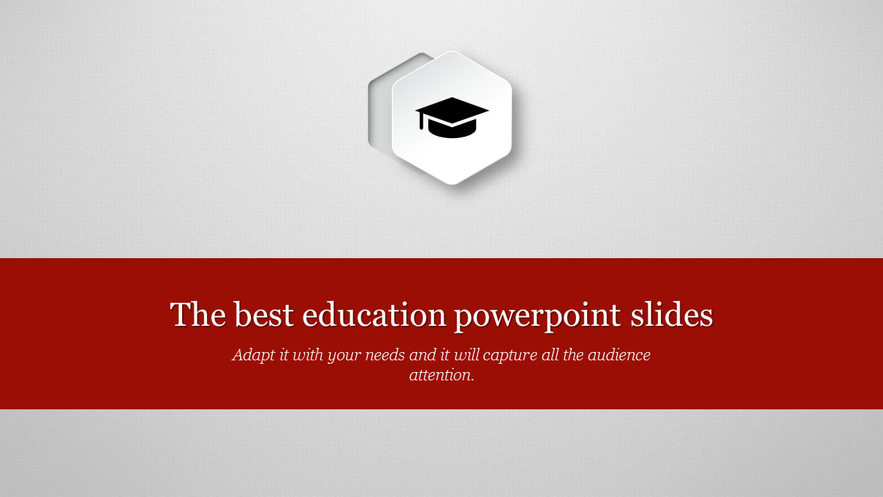 A graduation cap icon on a red and white background represents an education themed PowerPoint slide.