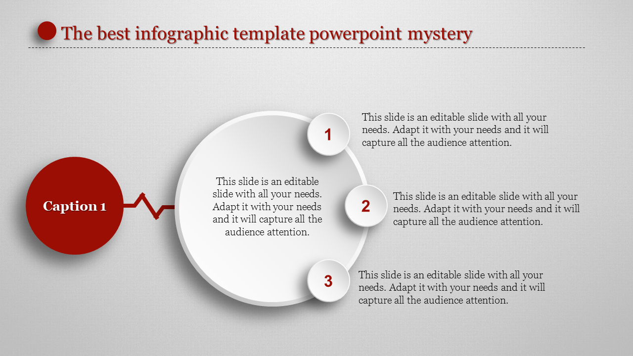 Infographic PowerPoint template with numbered circles, illustrating key points with arrows and captions.