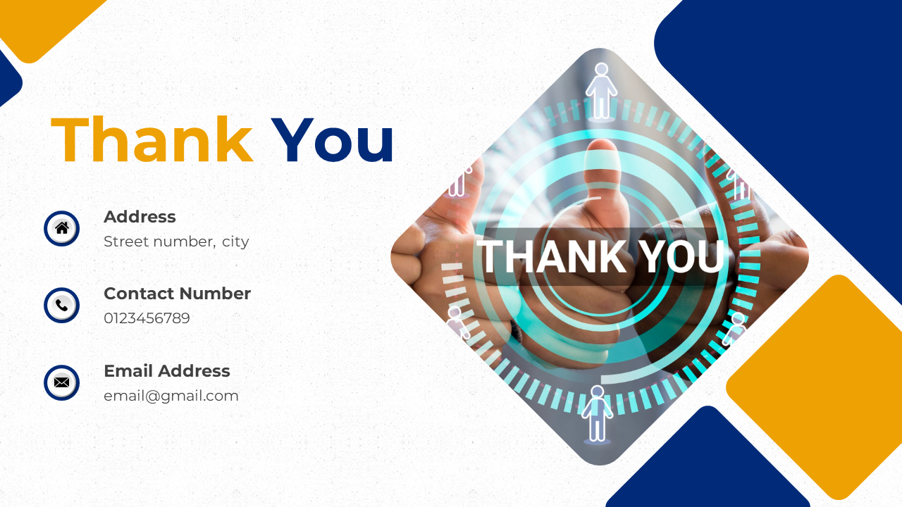 A professional thank you slide with an interactive feel, showcasing contact information and a glowing thank you message.