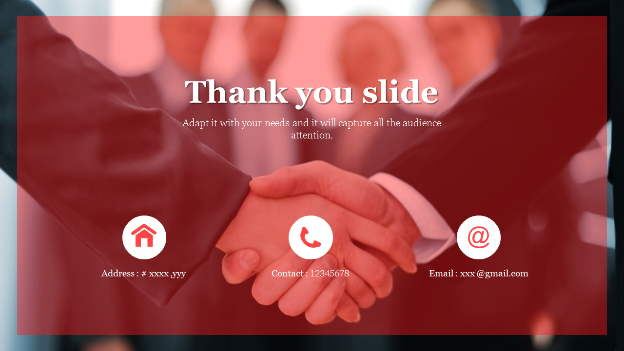 Thank You PowerPoint slide with a handshake background, displaying contact information including address, phone, and email.