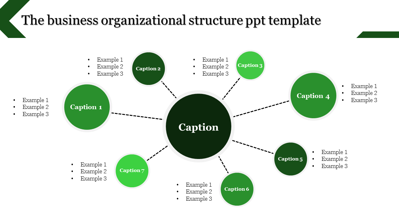 Network of organizational structure with captioned green circles connected to a green circle, arranged in a circular layout.