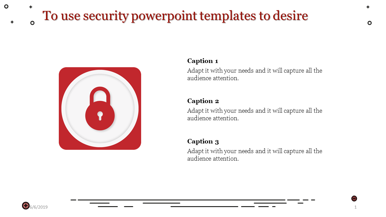 Security-themed slide featuring a circular padlock graphic and three caption areas placed in a white backdrop.