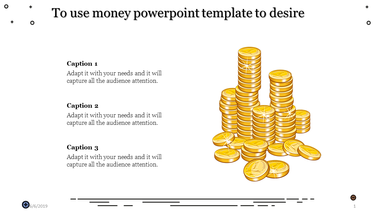 Money-themed PowerPoint template with sparkling gold coin stack with three caption areas.