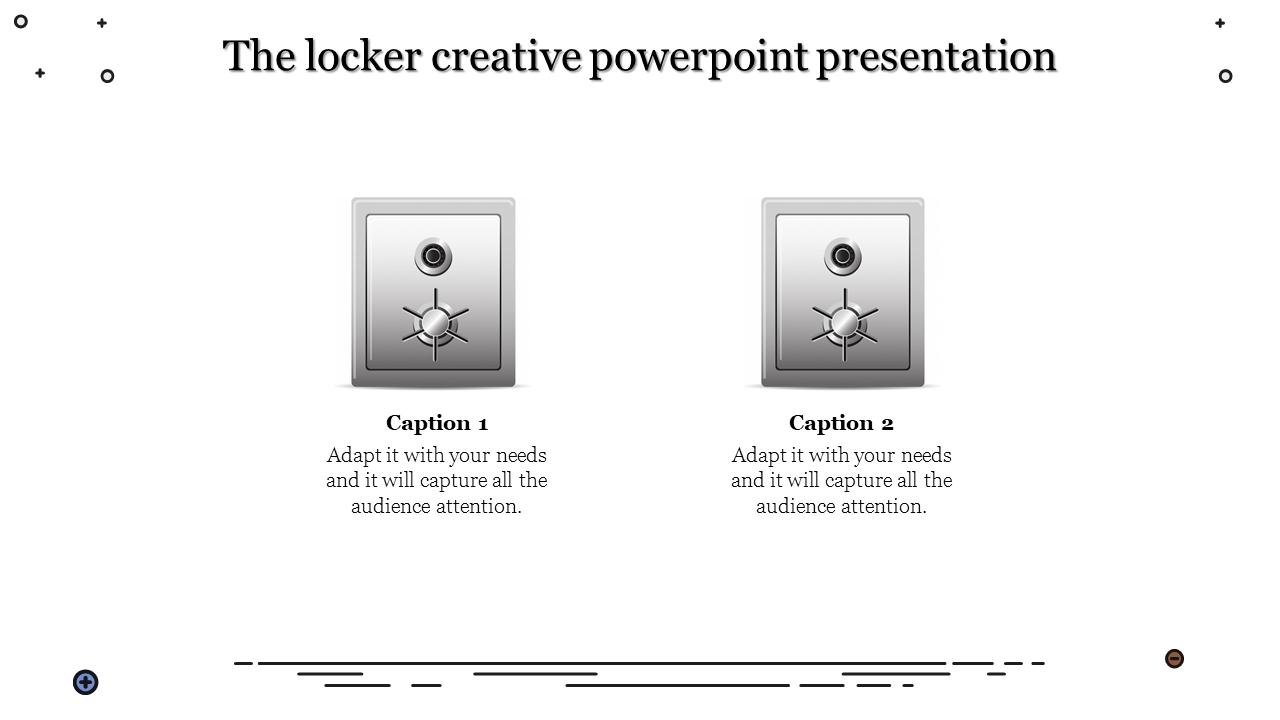 Slide with two security locker icons and placeholder text captions, bordered by abstract line decorations.