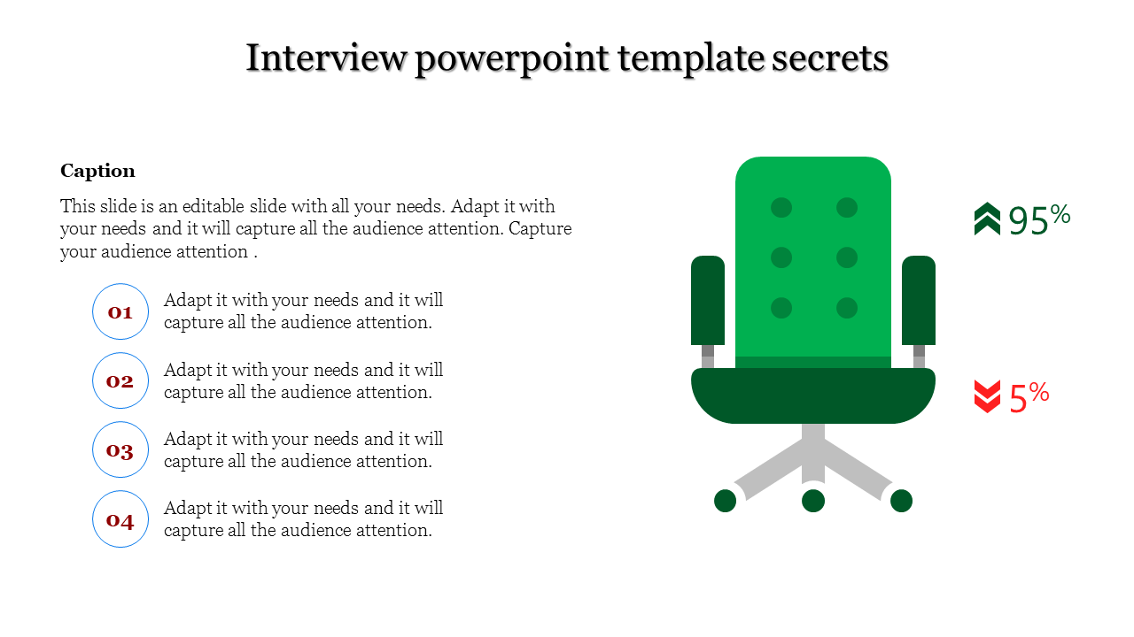 Green office chair illustration with up and down percentage indicators and four numbered captions on the left.