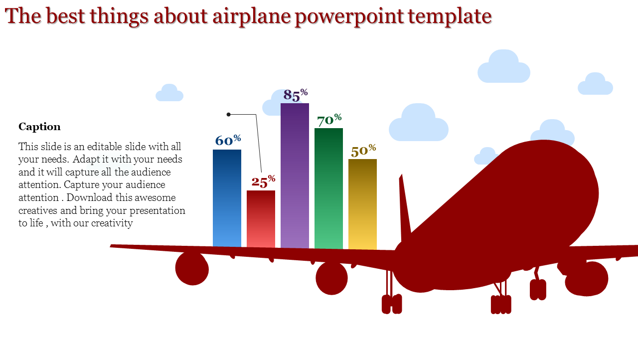 A red airplane silhouette with five vertical bars above it representing various percentages, and a customizable caption box.