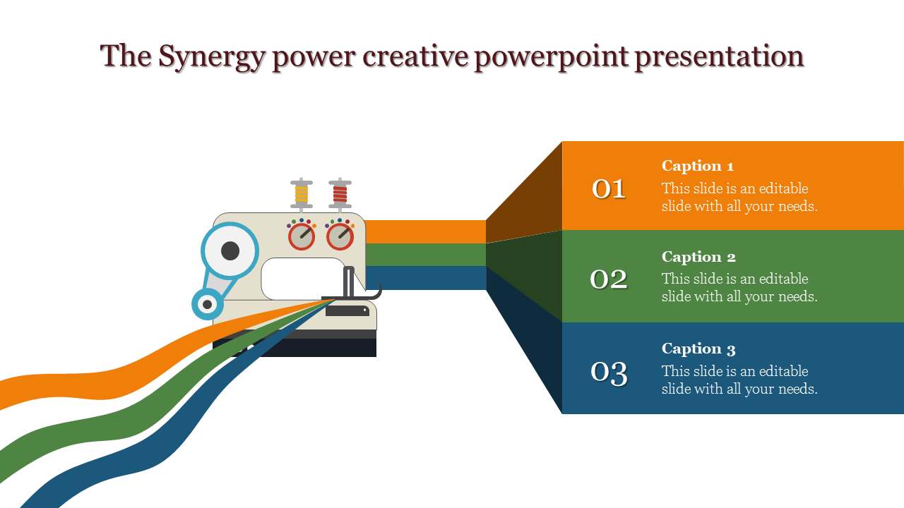 Illustration of a sewing machine producing colorful threads, symbolizing creativity and connected ideas in a PPT slide.