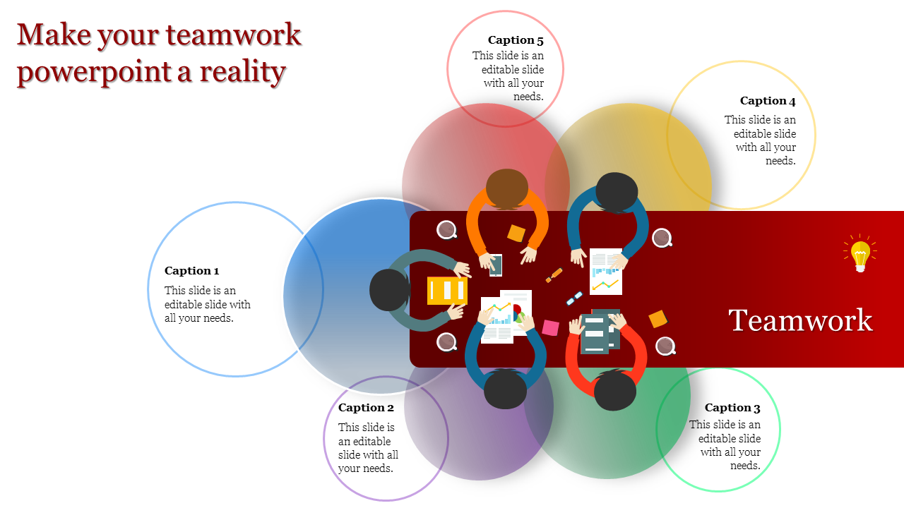 Teamwork template showing a top-down view of a collaborative meeting with labeled caption areas circles around the design.