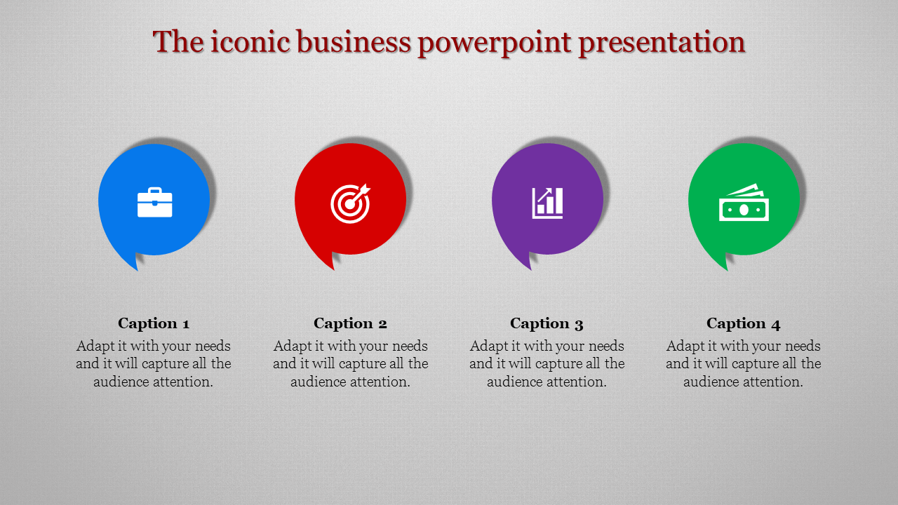 Business PowerPoint slide with colorful icons representing goals, growth, finance, and management in speech bubble shapes.