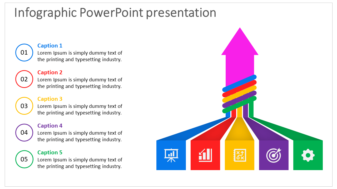 Colorful infographic slide with an upward arrow and five sections, each representing a step with captions and icons.