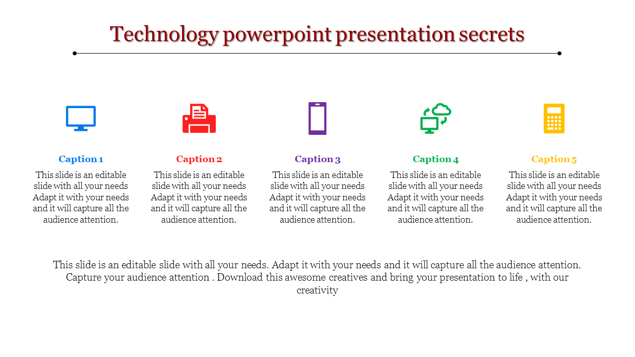 Technology PowerPoint presentation slide featuring colorful icons for a monitor, printer, smartphone, cloud, and calculator.