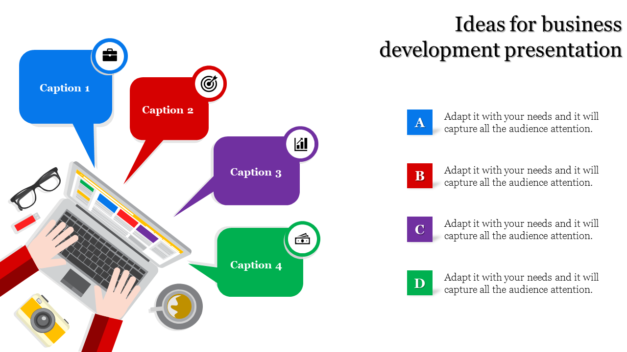 Business development slide with four captions and icons along with laptop, camera, coffee cup, and specs with text.