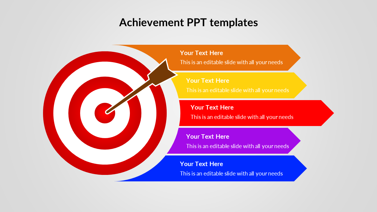 Slide with a bullseye target connected with arrows in orange, yellow, red, purple, and blue, each labeled with text area.