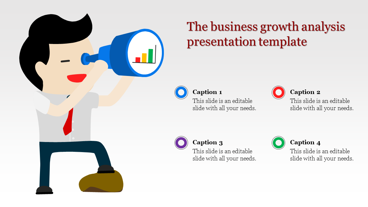 Business growth analysis slide featuring a cartoon character with a telescope showing a bar chart, and four captions.