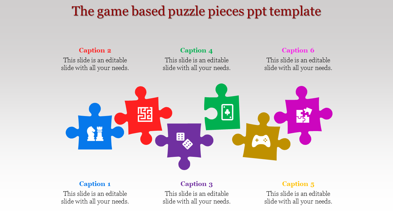 Seven colorful puzzle pieces with different game-related icons, arranged in two rows, each with caption areas below.