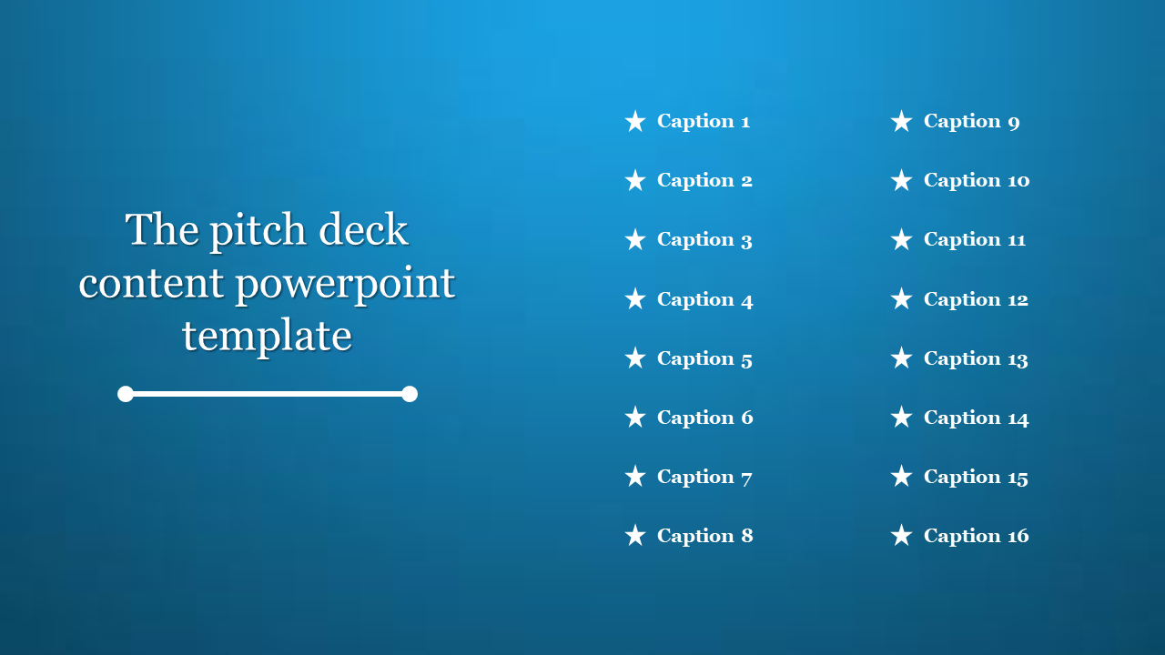 Content slide with a centered title and a two column list of 16 captions, each marked with a star icon, on a blue background.