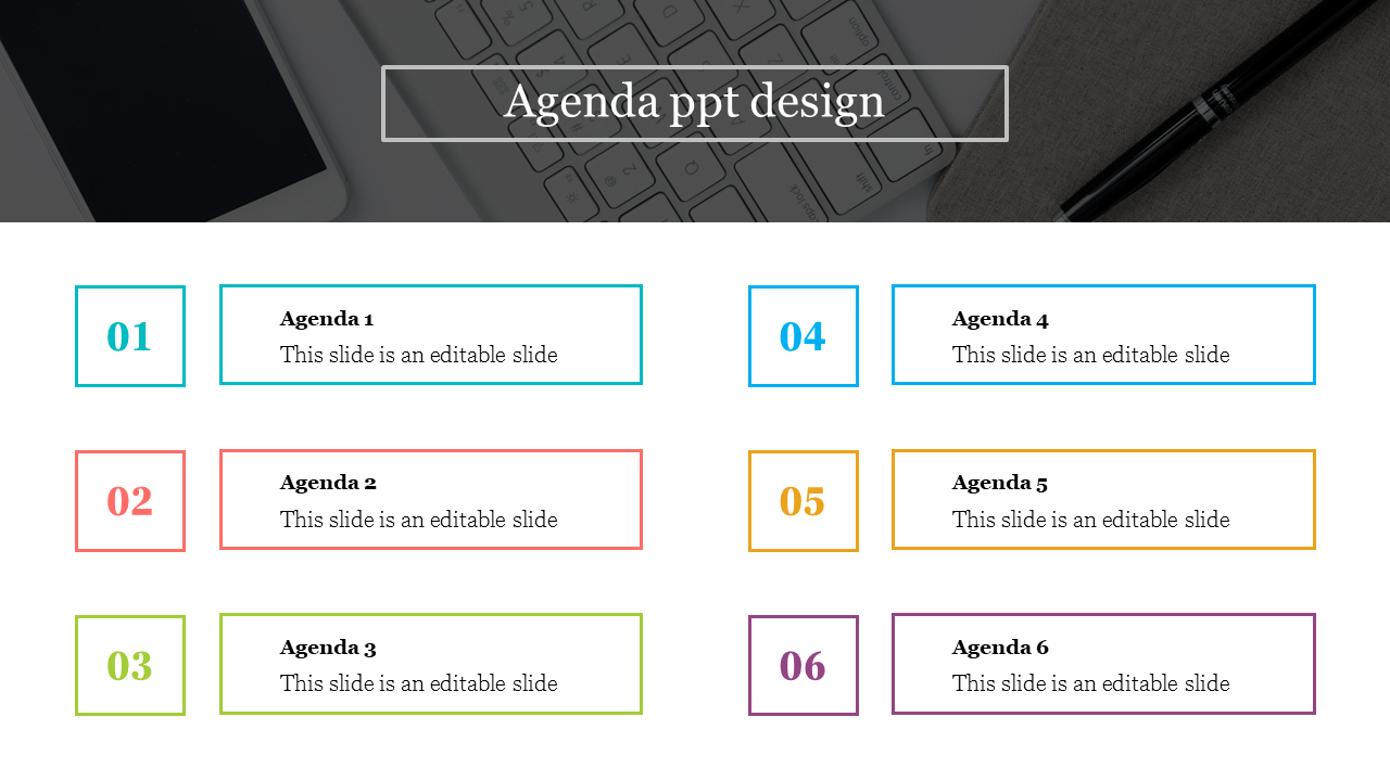 Agenda PowerPoint design featuring six numbered sections with text in colorful boxes arranged in two rows.