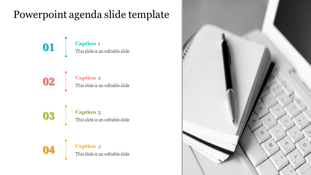 Notebook and pen placed on a laptop keyboard on the right, with four numbered captions for agenda slide.