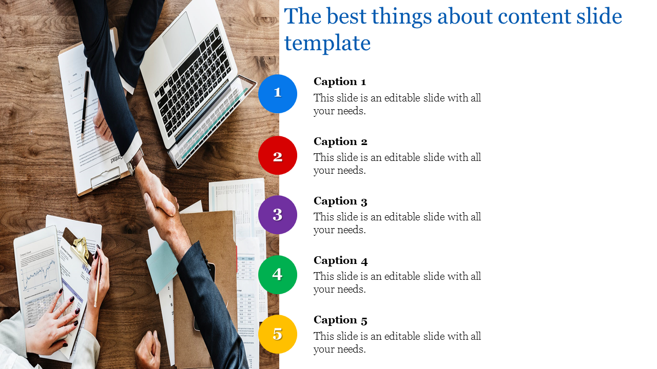 Content slide featuring a list of five colorful captions alongside a desk image with documents and a handshake.