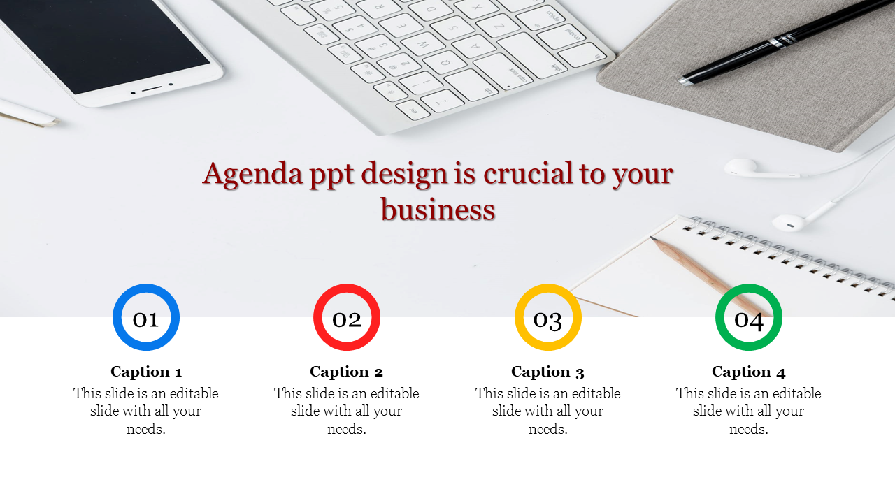 Minimalist agenda slide design with four colorful numbers, descriptive text, and an office-themed background.