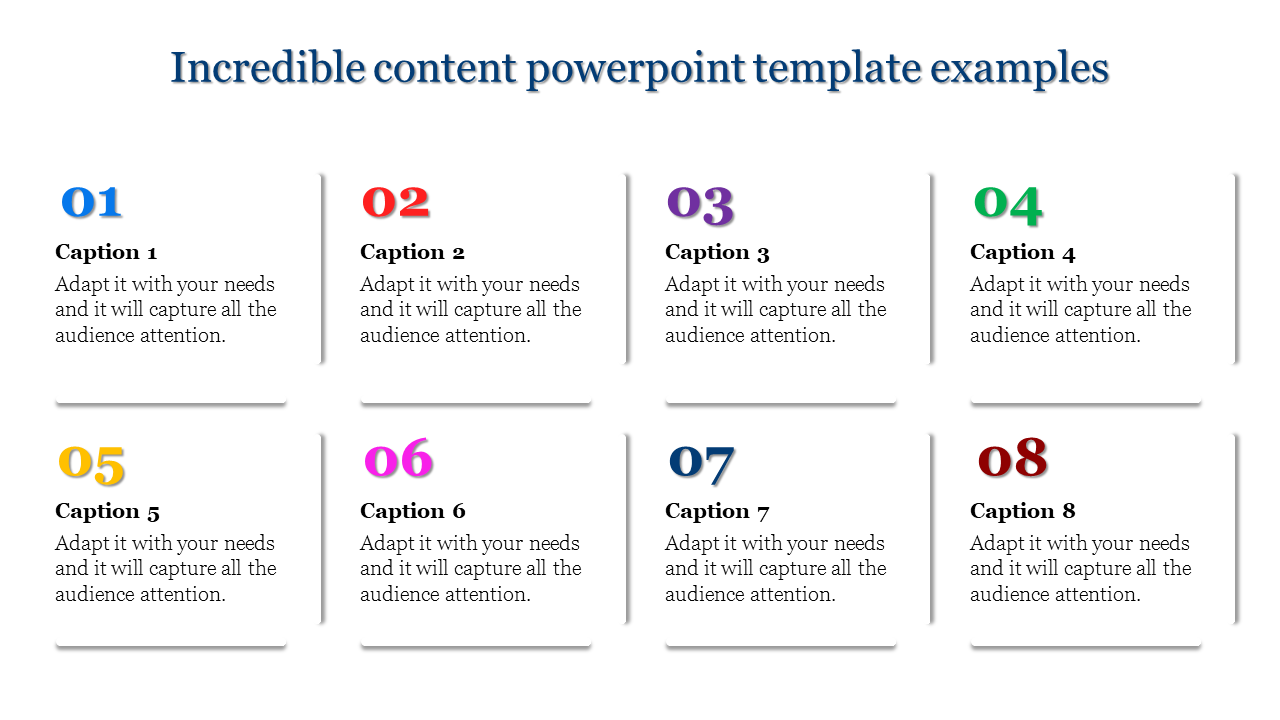 Colorful grid style content PowerPoint template with numbered captions with placeholder text.