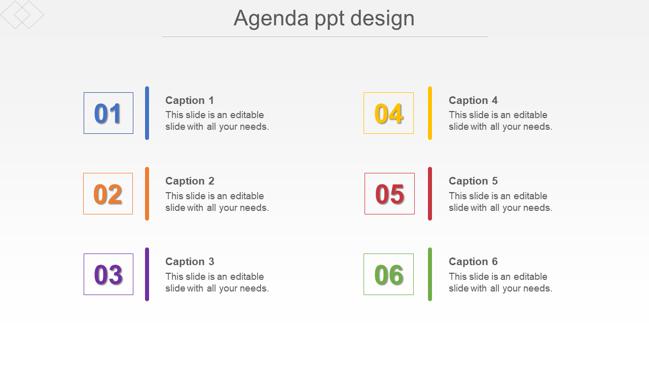 Agenda slide with a grid layout featuring six colorful numbered sections and corresponding captions.