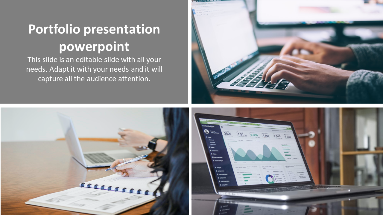 Portfolio PowerPoint presentation slide with a gray header, text description, and images of laptops and documents in action.