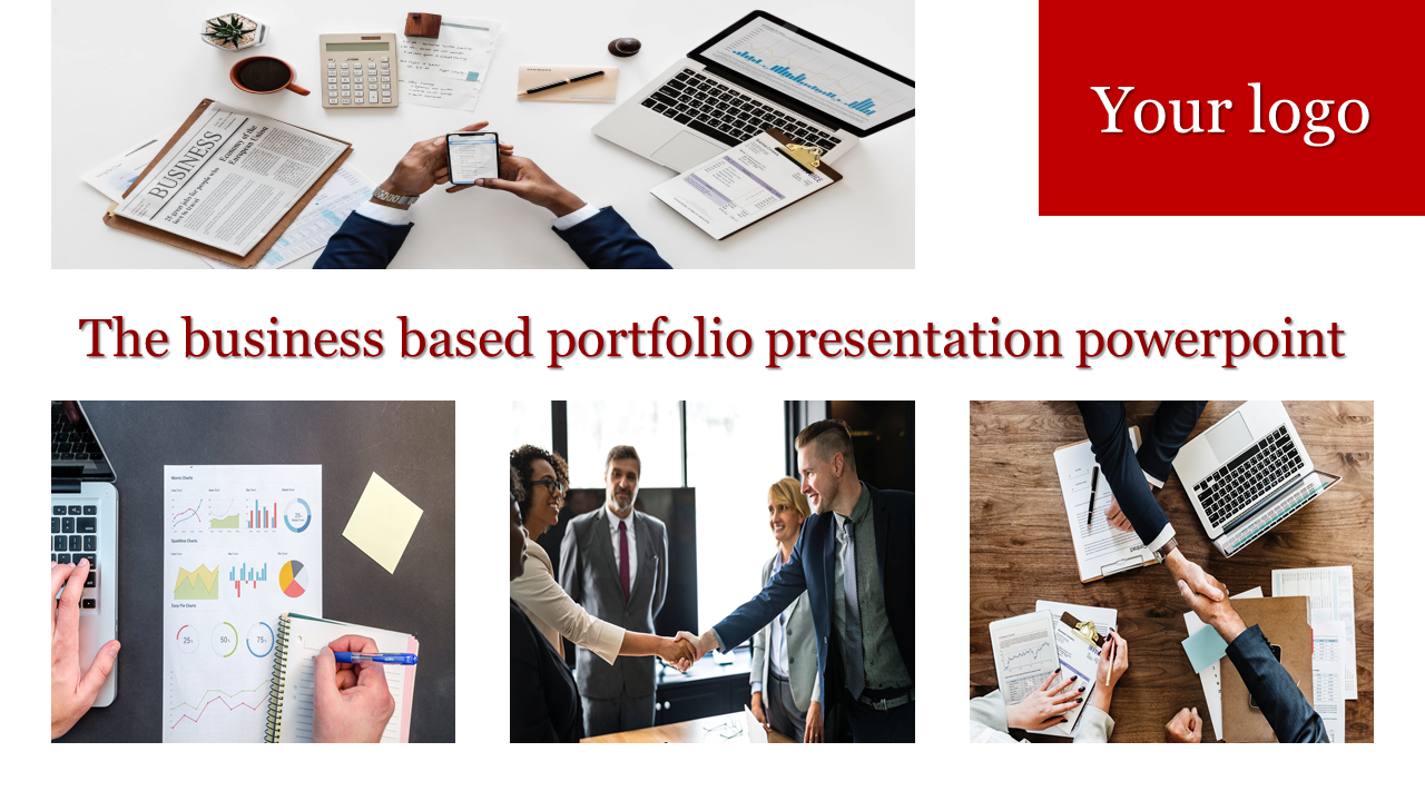 Business based portfolio PowerPoint template showcasing visuals of charts, meetings, and collaborative teamwork.