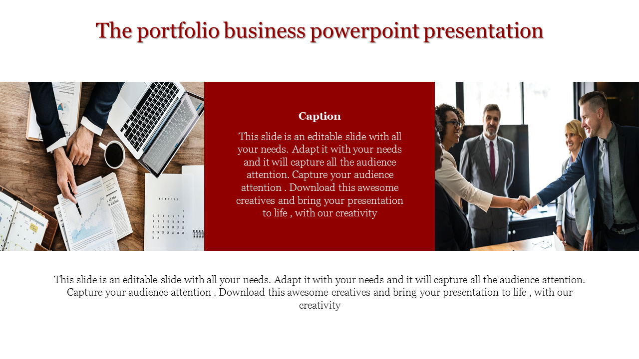 Portfolio business PowerPoint slide with text in a red box, workspace visuals, and a team handshake image on the right.