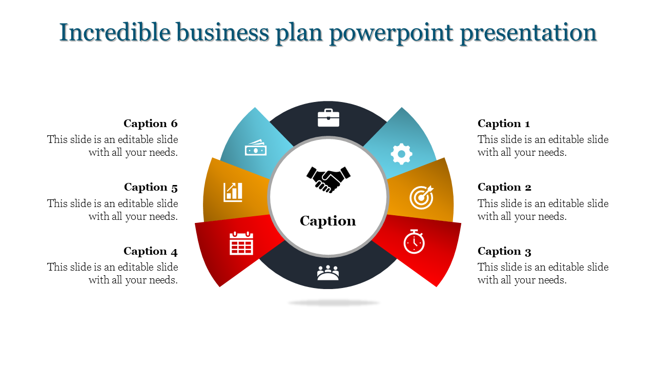 Business plan PPT slide featuring a circular infographic with six sections and icons, centered around a handshake icon.