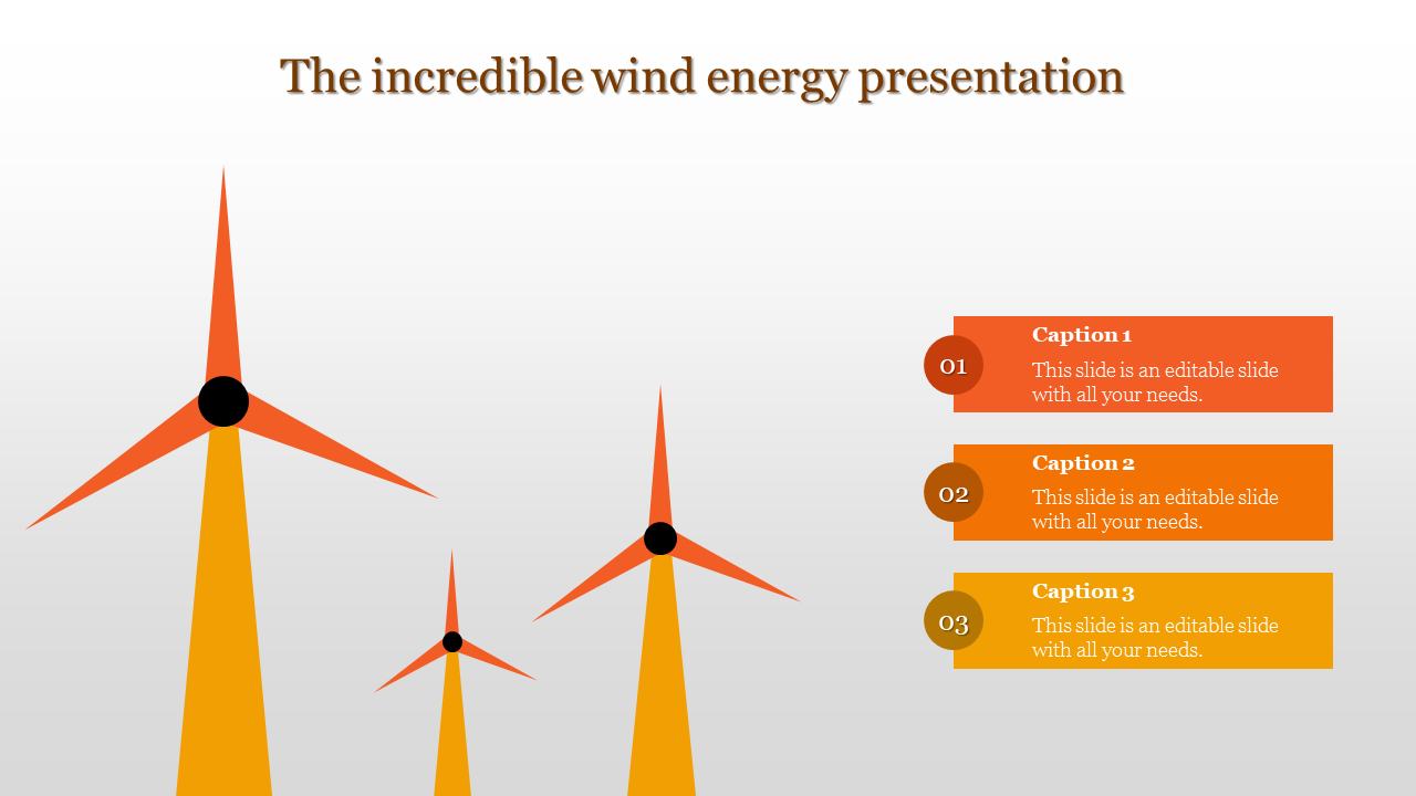 Wind energy PPT slide with three wind turbines and captions in red, orange, yellow boxes on the right.