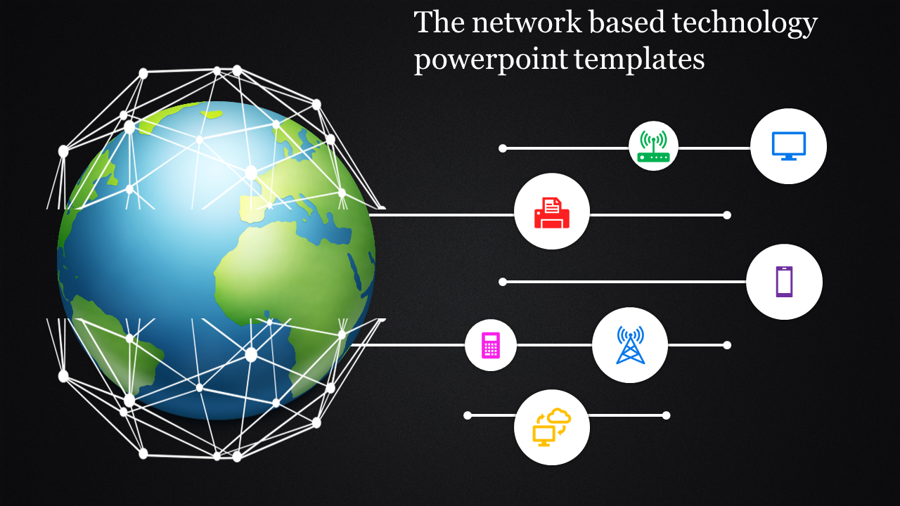 Globe with network lines connected to technology icons on the right, symbolizing global connectivity on a black background.