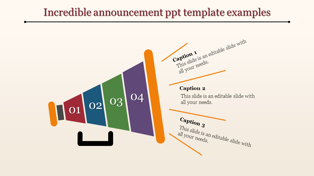 Megaphone illustration with four colored sections labeled 01 to 04, each pointing to text, on a light background.