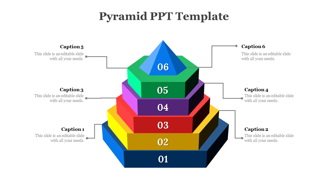 Stacked pyramid with six vibrant layers in blue, yellow, red, purple, green, and teal, labeled 01 to 06 with side captions.