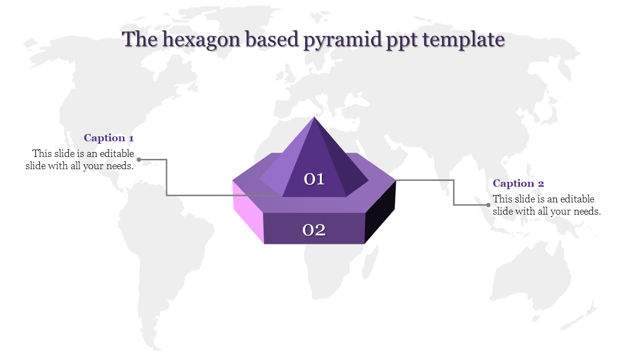 Purple hexagon-based pyramid with two layers labeled 01 and 02, connected to caption areas on a world map backdrop.