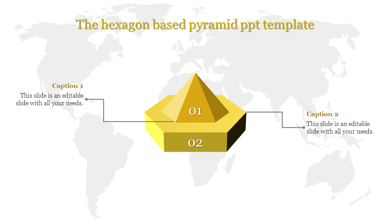 Minimalistic yellow hexagonal pyramid with two levels, and captions connected on either side of a world map background.