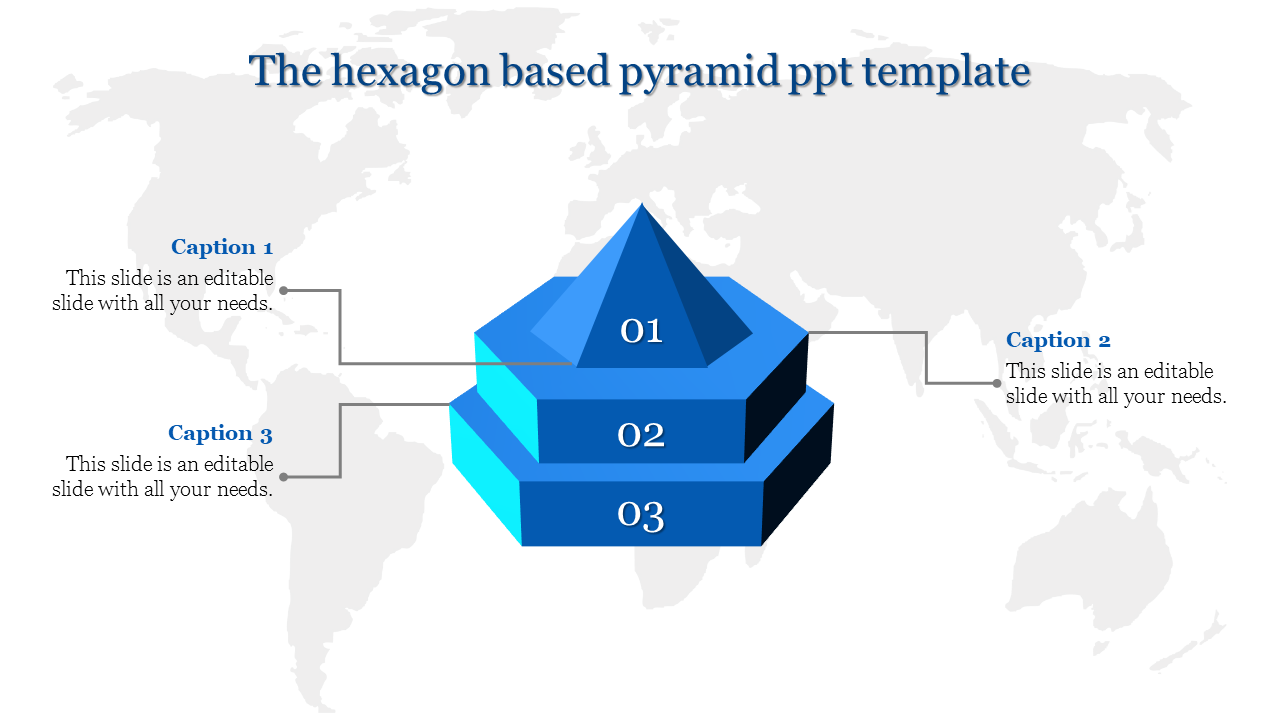 Blue hexagon based 3D pyramid infographic with three numbered levels connected to captions over a world map background.