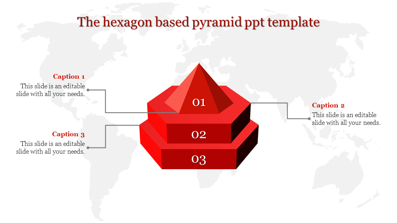 3D hexagonal pyramid with three levels labeled numerically, connected to descriptive captions, set against a light world map.