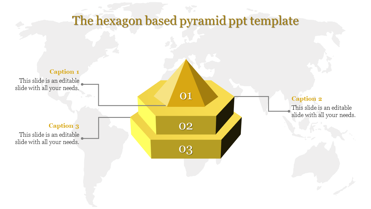 Yellow hexagonal pyramid template featuring three segments, numbers 01 to 03, with descriptive captions areas.