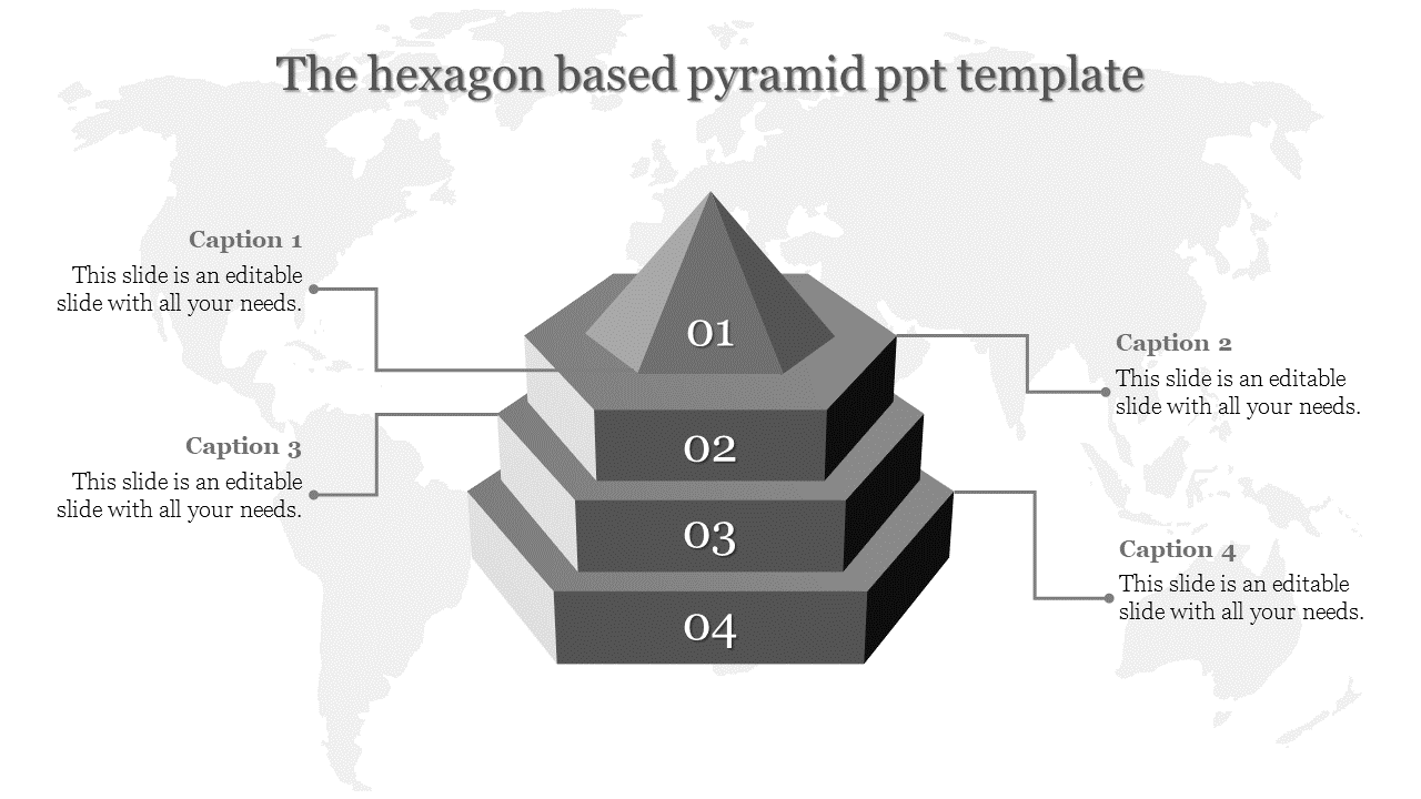 Pyramid design based on four hexagonal shapes with numbered layers from bottom to top and with captiin areas.