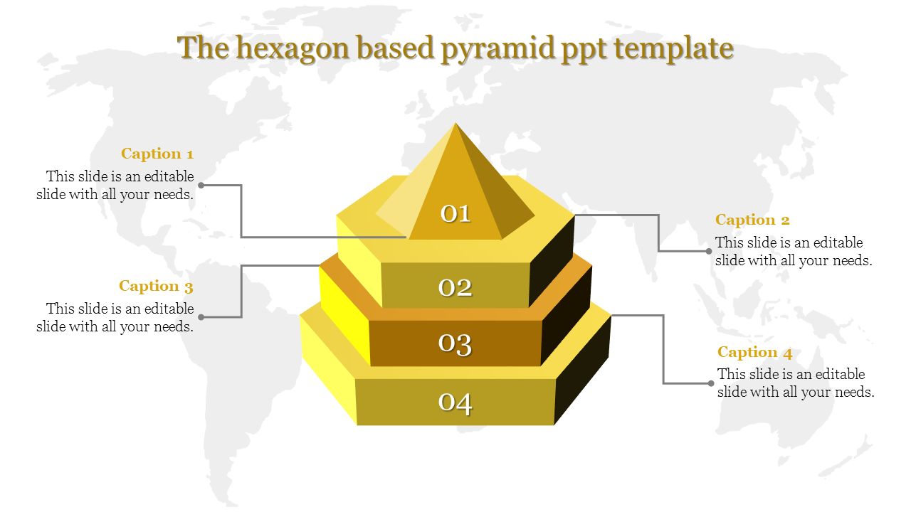 3D yellow hexagonal pyramid infographic with four layers, connected to caption areas on a world map background.