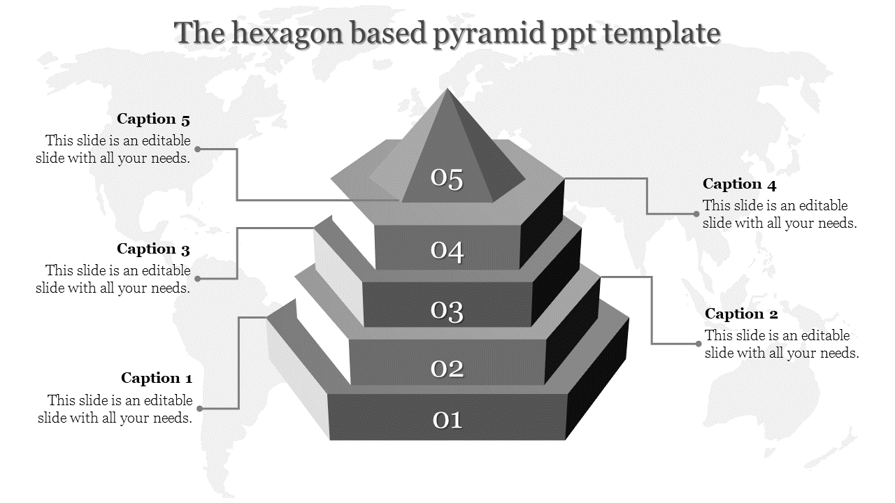 Five-level hexagonal pyramid infographic with numbered sections and caption areas, set against a subtle world map background.