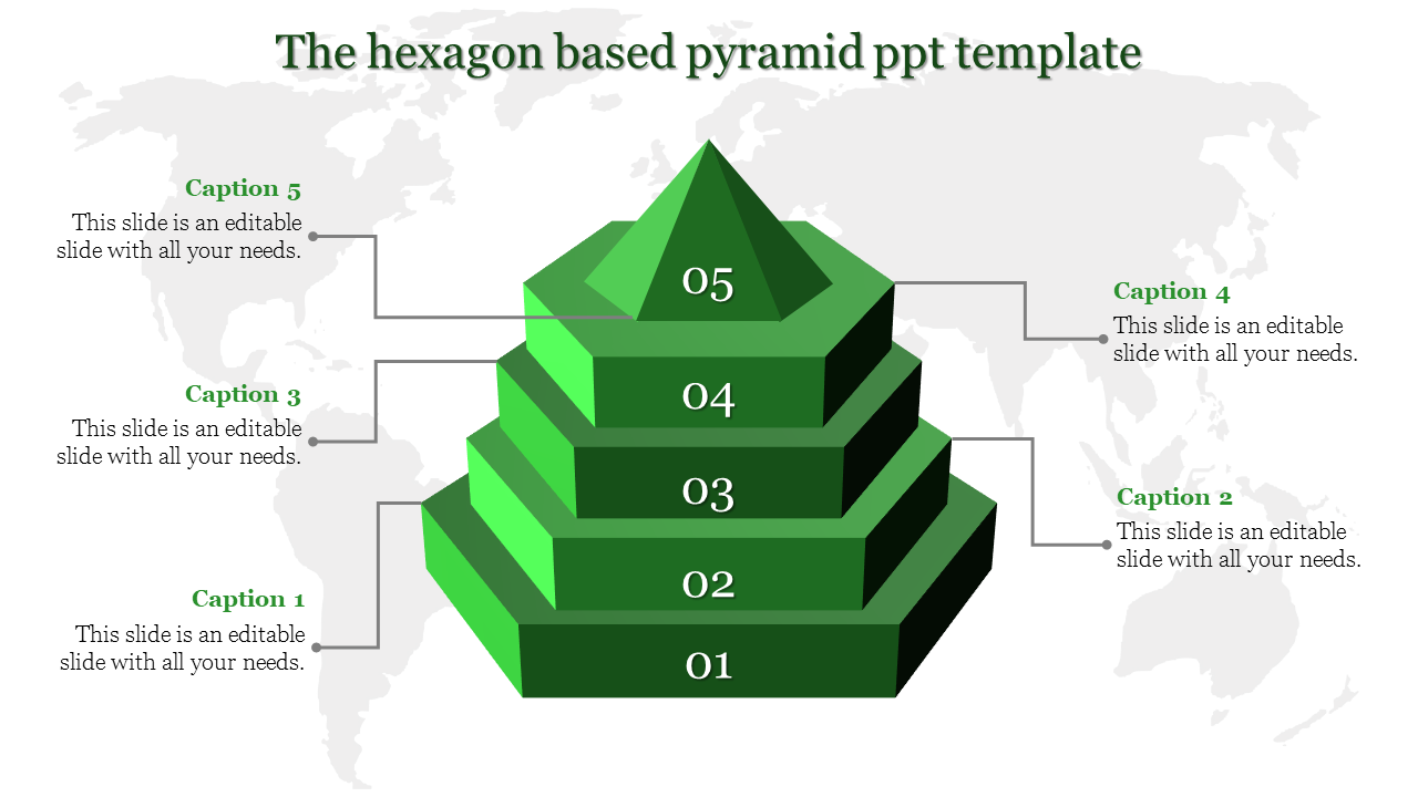 Hexagon-based pyramid infographic with five green layers, each connected to labeled captions, over a subtle world map design.