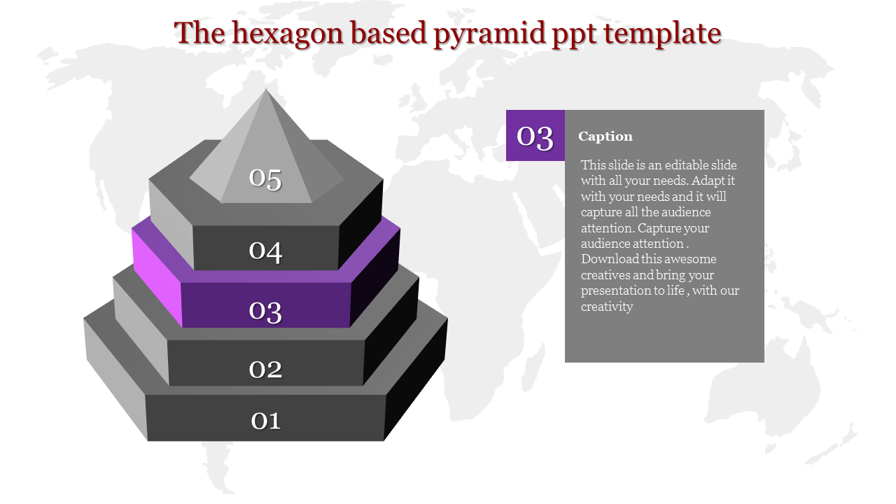 Five-level hexagonal pyramid diagram with a focus on level 3, highlighted in purple, and a right-aligned caption area.